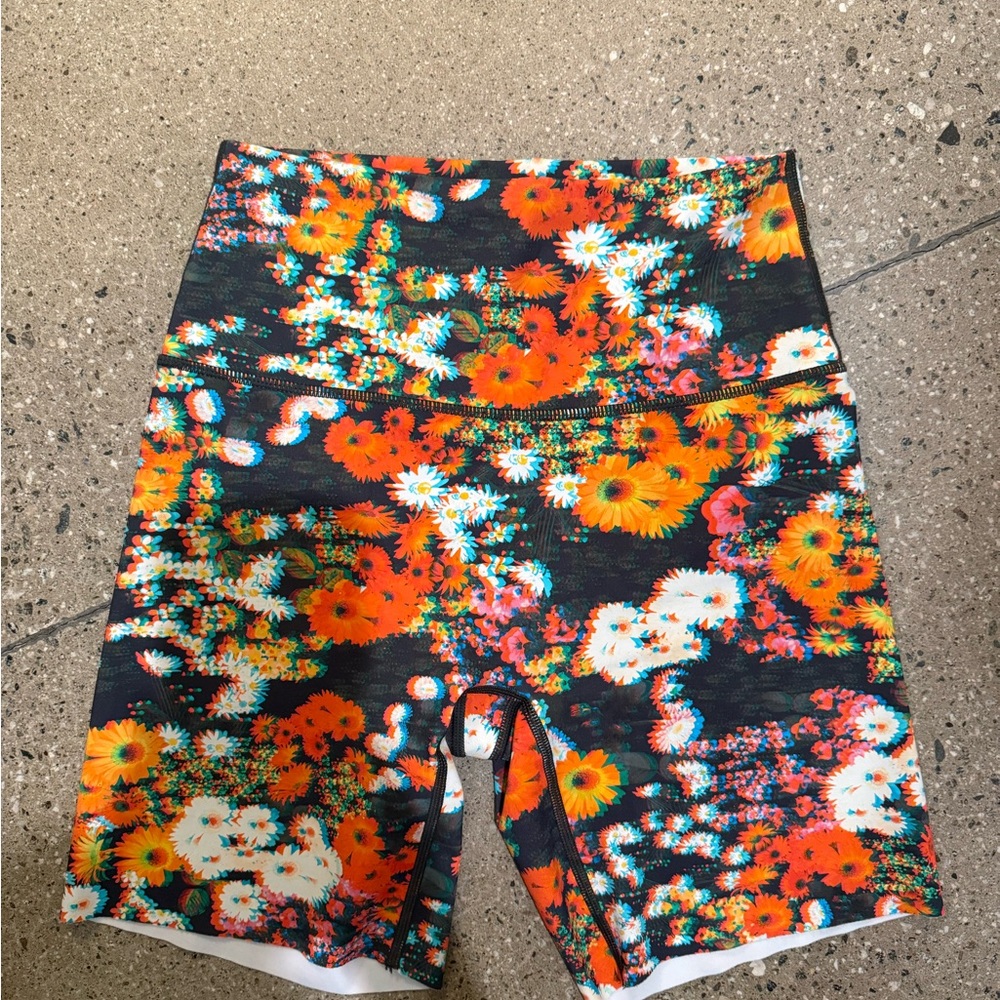 aerie Black Floral High-Waist Bike Shorts with Orange & White Blooms